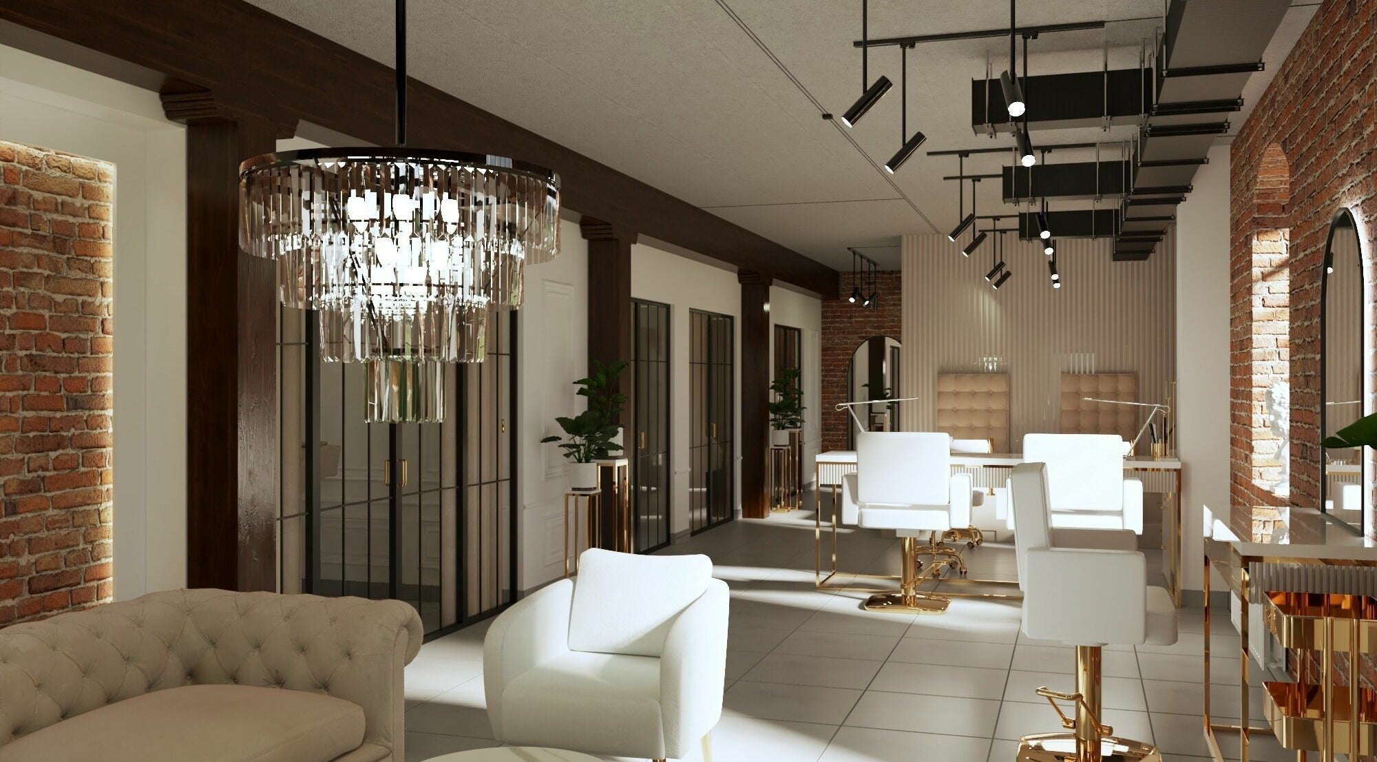 Wnętrze Besties Nowosolna, Łódź, Łódzkie, PL, z eleganckim żyrandolem i salonowymi fotelami.