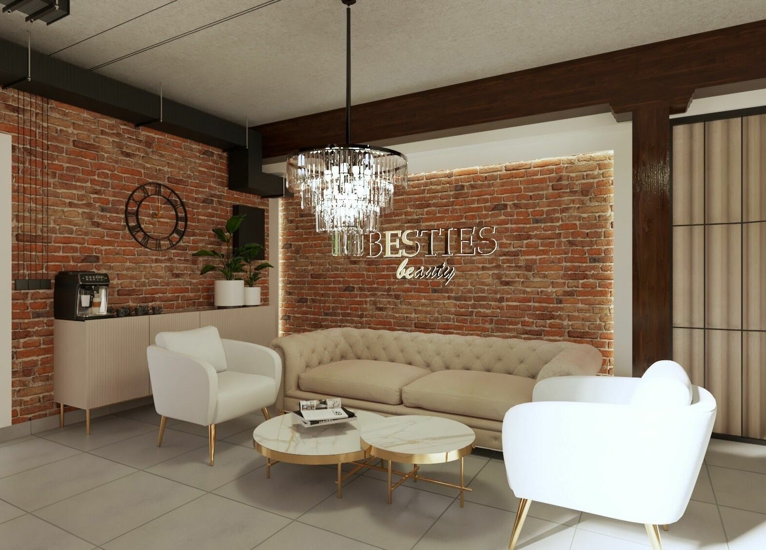 Eleganckie wnętrze salonu Besties Nowosolna w Łódź, Łódzkie, PL z luksusowym oświetleniem i sofą.