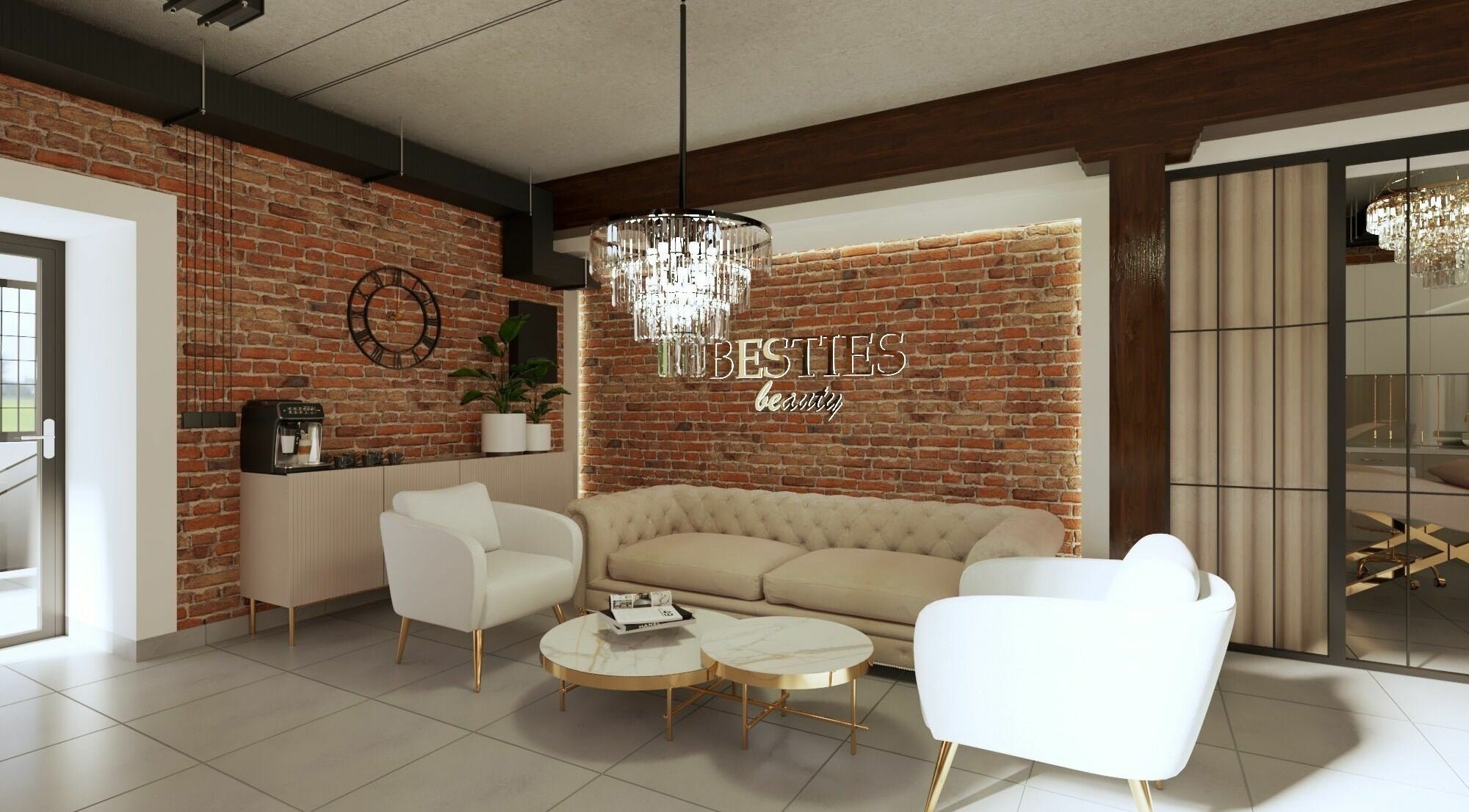 Eleganckie wnętrze salonu Besties Nowosolna w Łódź, Łódzkie, PL z luksusowym oświetleniem i sofą.