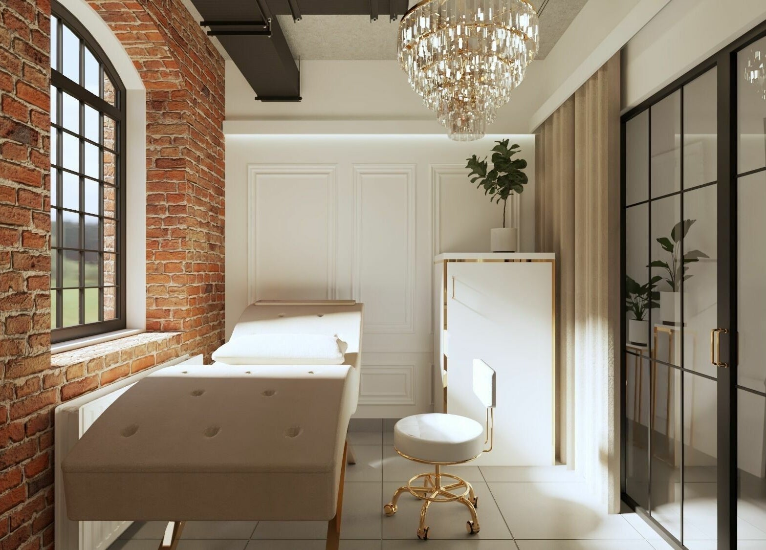 Nowoczesne wnętrze Besties Nowosolna w Łódź, Łódzkie, PL z eleganckimi akcentami i ceglanym murem.