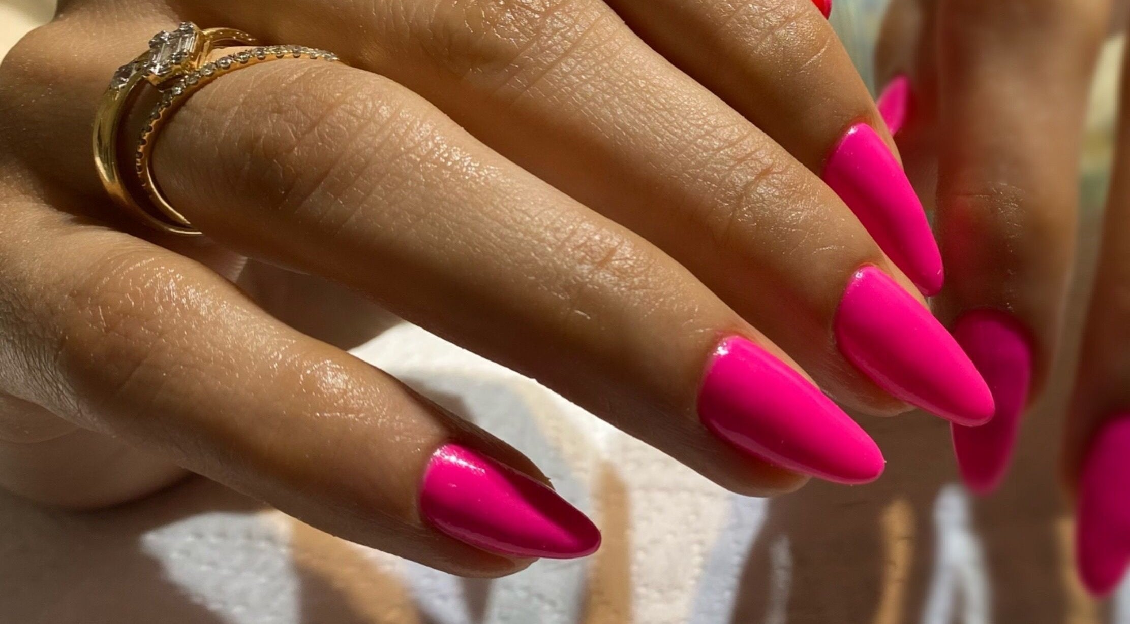 Bright pink manicured nails at Beauty Trends Spa in Muscat, Muscat Governorate, OM.