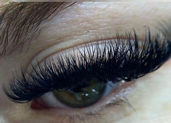 Close-up of lush eyelash extensions at Jade Lashes Brows Beauty Studio, Baston, England, GB.