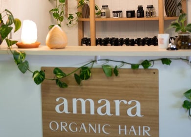 Reception at Amara Organic Hair, Burleigh Heads with lush plants and organic products displayed.