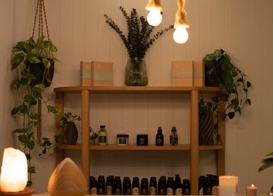 Inviting shelf with organic products at Amara Organic Hair (Burleigh Heads), Burleigh Heads, Queensland, AU.