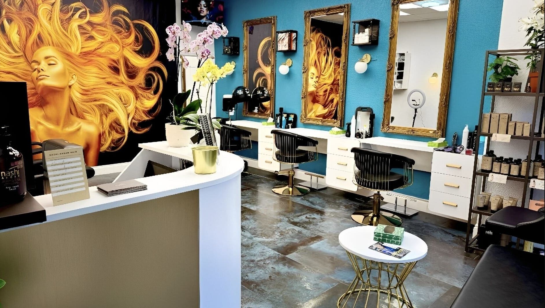 Chic interior of E'este Hair & Beauty in London, England, GB, featuring stylish decor and modern salon stations.