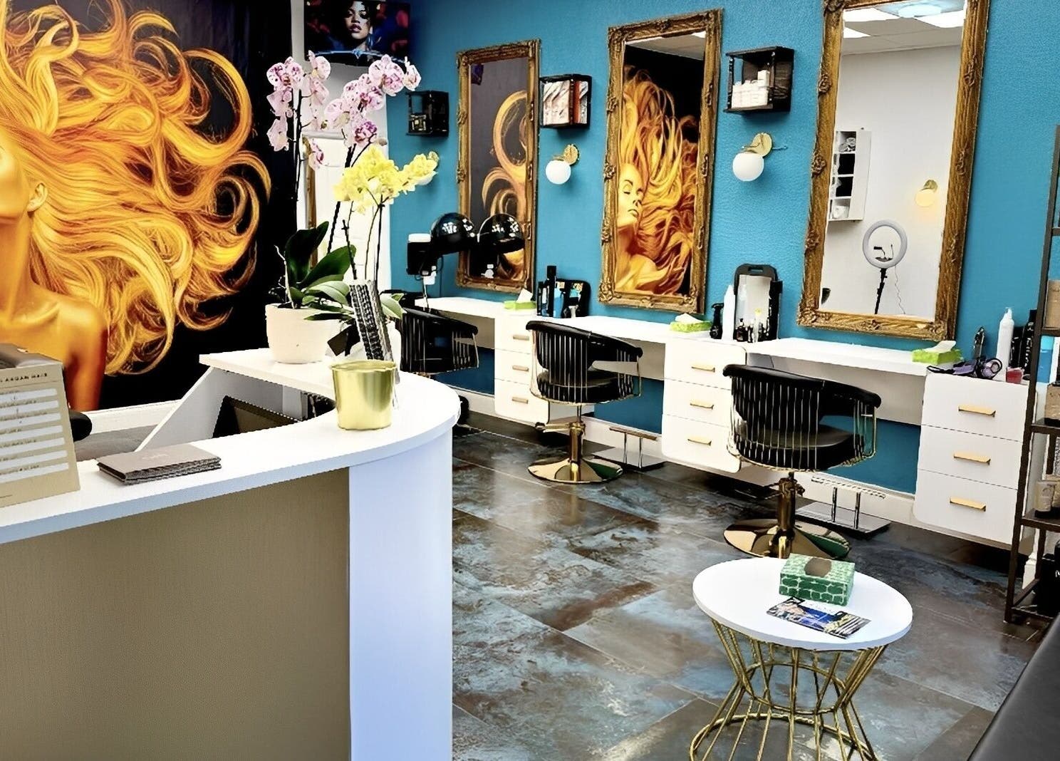 Chic interior of E'este Hair & Beauty in London, England, GB, featuring stylish decor and modern salon stations.