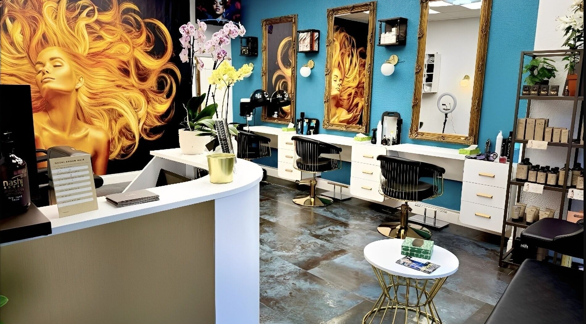 Chic interior of E'este Hair & Beauty in London, England, GB, featuring stylish decor and modern salon stations.