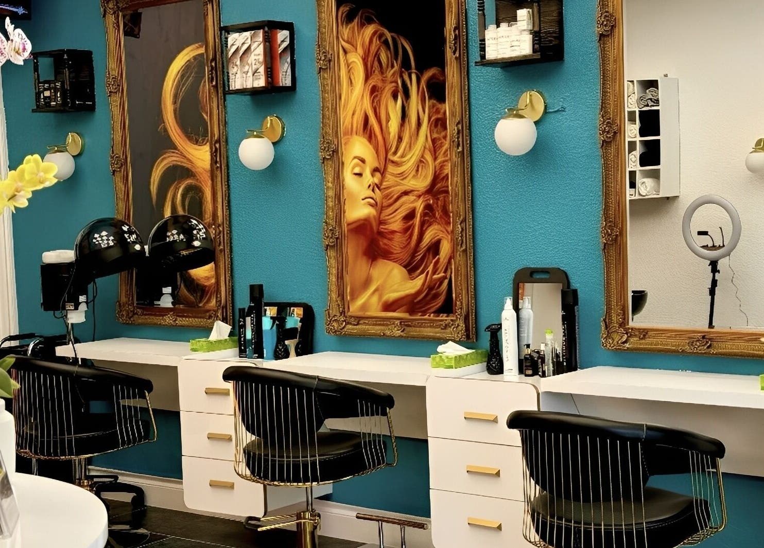 E'este Hair & Beauty stylish salon interior with mirrors and decor in London, England, GB.