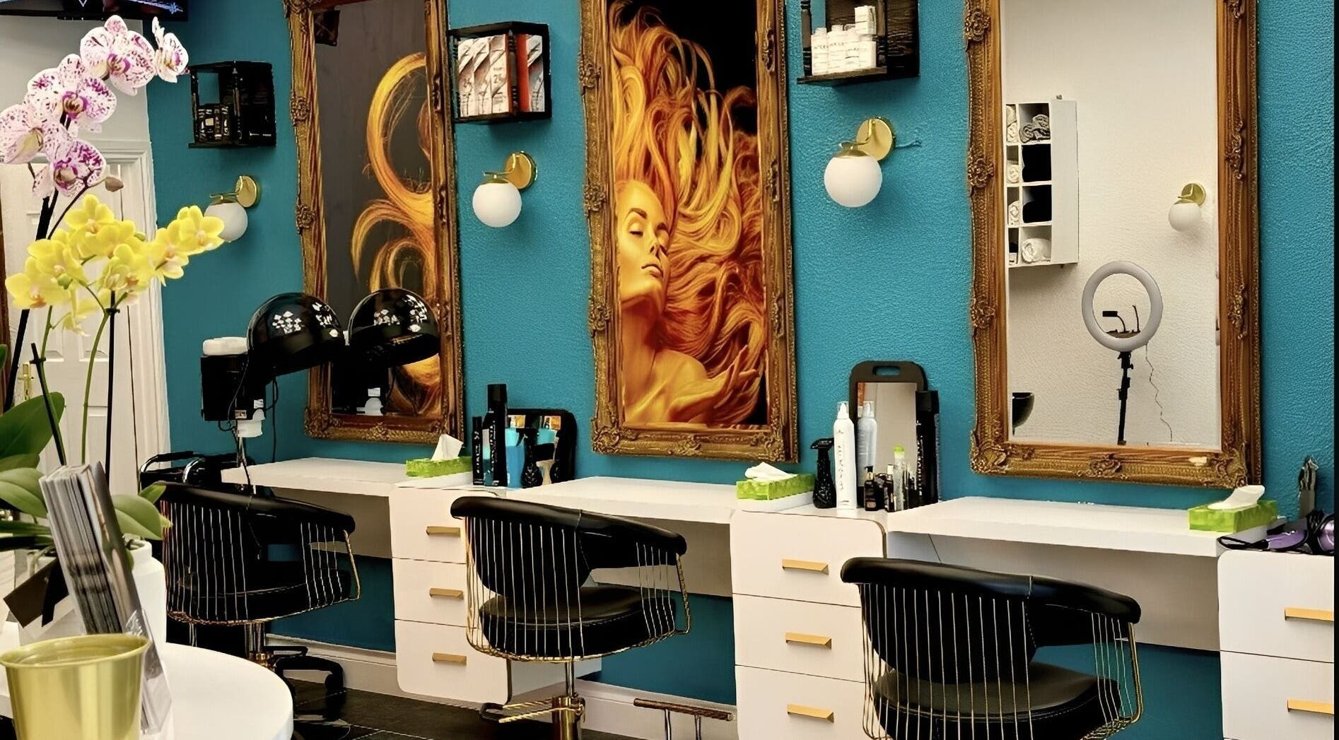 E'este Hair & Beauty stylish salon interior with mirrors and decor in London, England, GB.