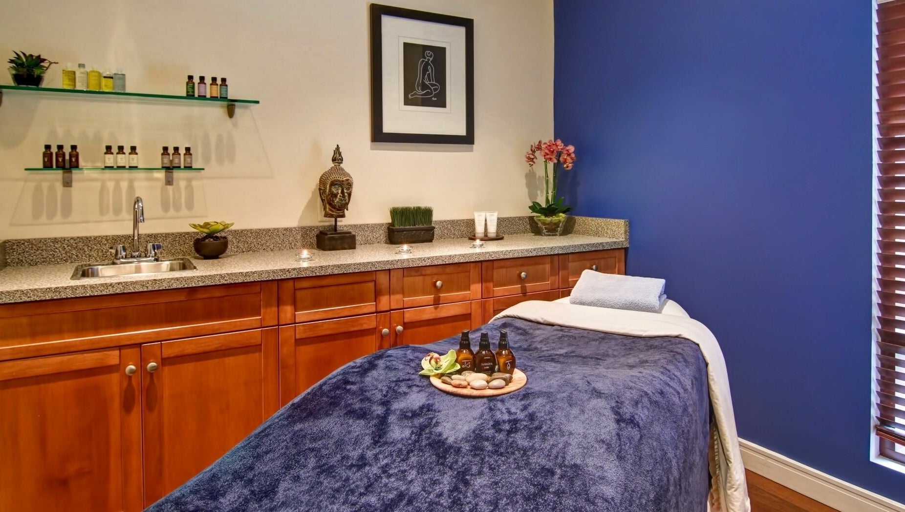 Serene massage room at Five Lakes Spa Aveda, Niagara Falls, Ontario, CA featuring a cozy table and calming decor.