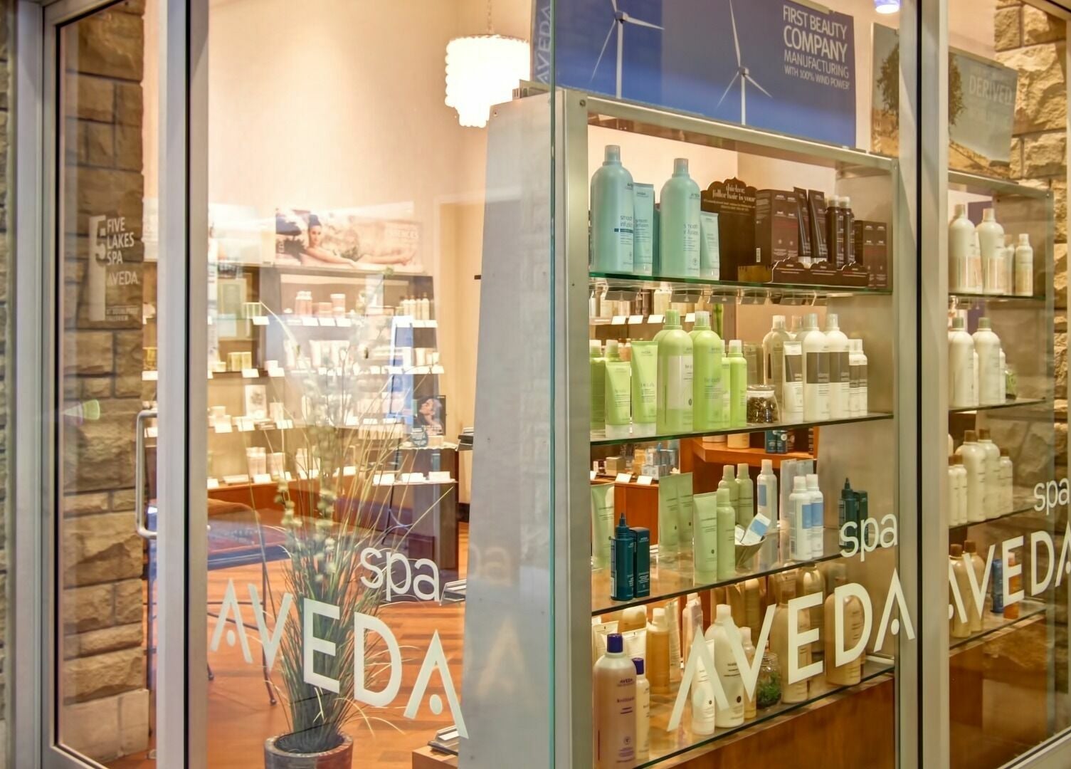 Entrance of Five Lakes Spa Aveda showing products displayed at Niagara Falls, Ontario, CA.
