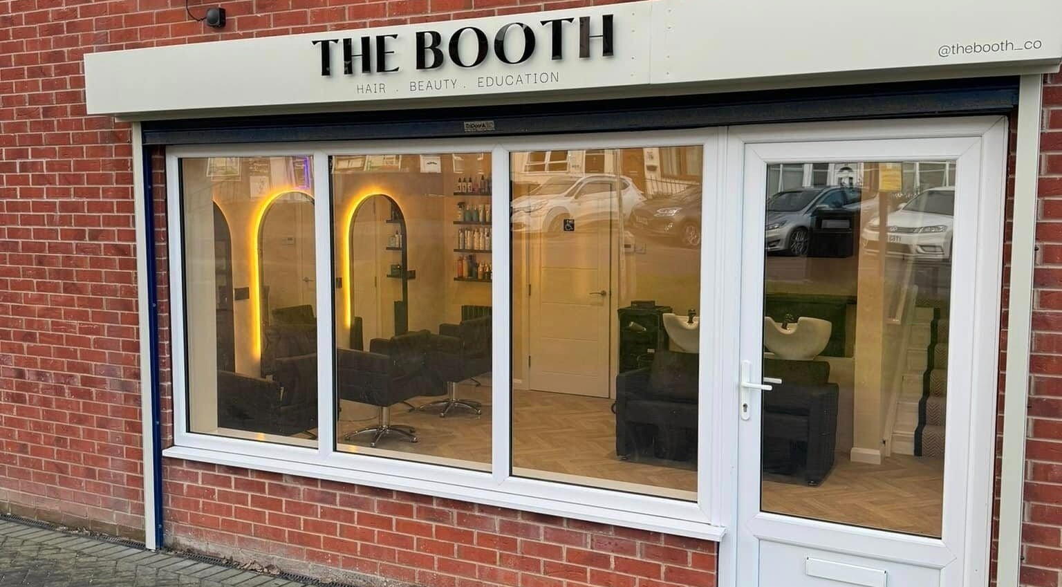 Front view of The Booth, a stylish beauty salon in Shafton, England, GB with modern decor.