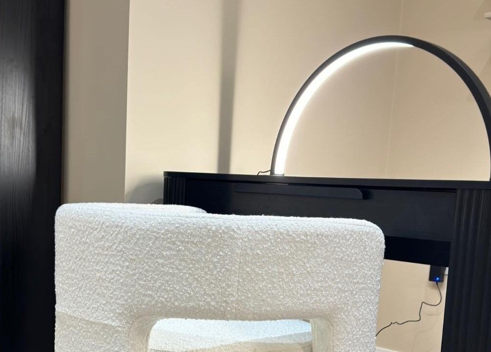 Modern vanity with illuminated mirror at The Booth in Shafton, England, GB.