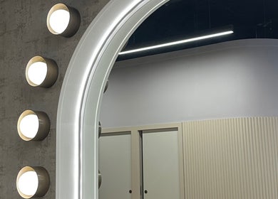 Modern salon mirror lighting at SLJ HAIR & HAIR EXTENSION SPECIALIST, Stockton-on-Tees, England, GB.