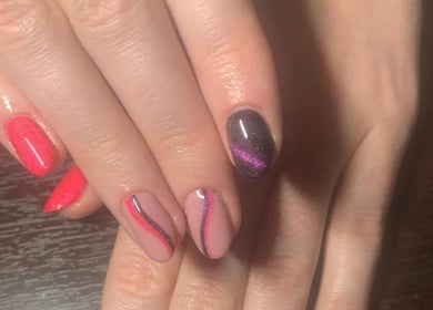 Stylish nail art at The Nailwork Lounge, Mid Calder, Scotland, GB, showcasing vibrant and creative designs.