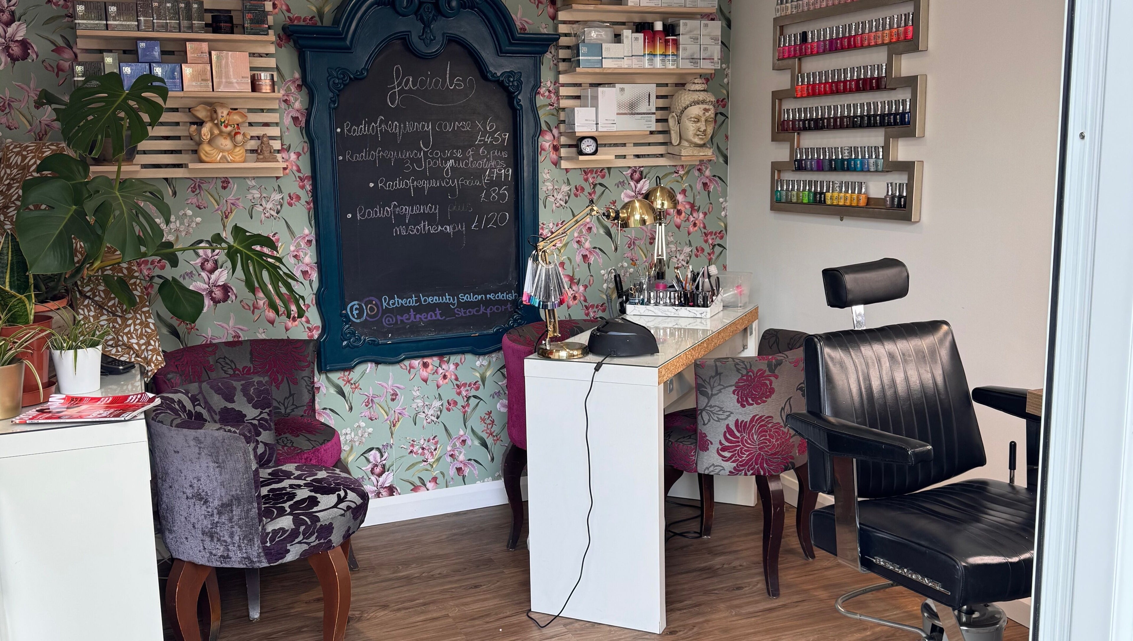 Cozy salon space at Retreat, Stockport, England, GB with a floral theme and beauty essentials.
