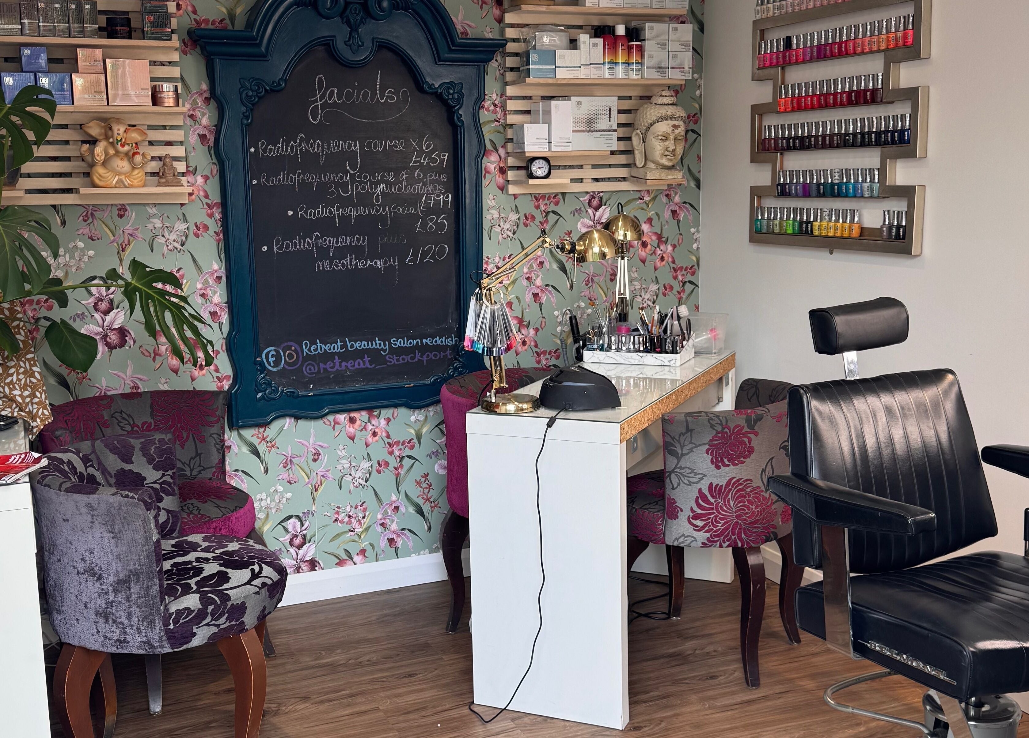 Cozy salon space at Retreat, Stockport, England, GB with a floral theme and beauty essentials.