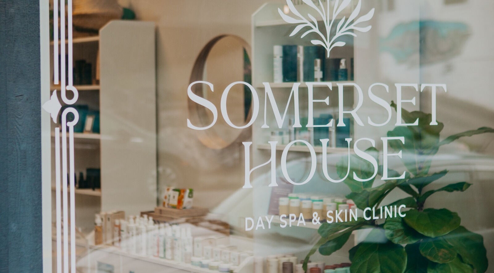 Front window of Somerset House Day Spa & Skin Clinic, Powell River, British Columbia, CA.