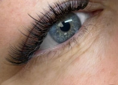 Closeup of eye with expertly styled eyelashes at LUMA Laser and Beauty, Salford, England, GB.