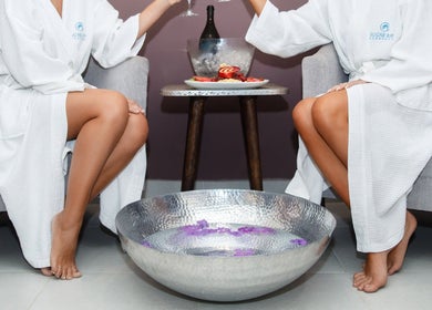 Clients relaxing with foot soak at Karma Spa - Sugar Bay Barbados, Christ Church, BB. Luxurious spa treatments.