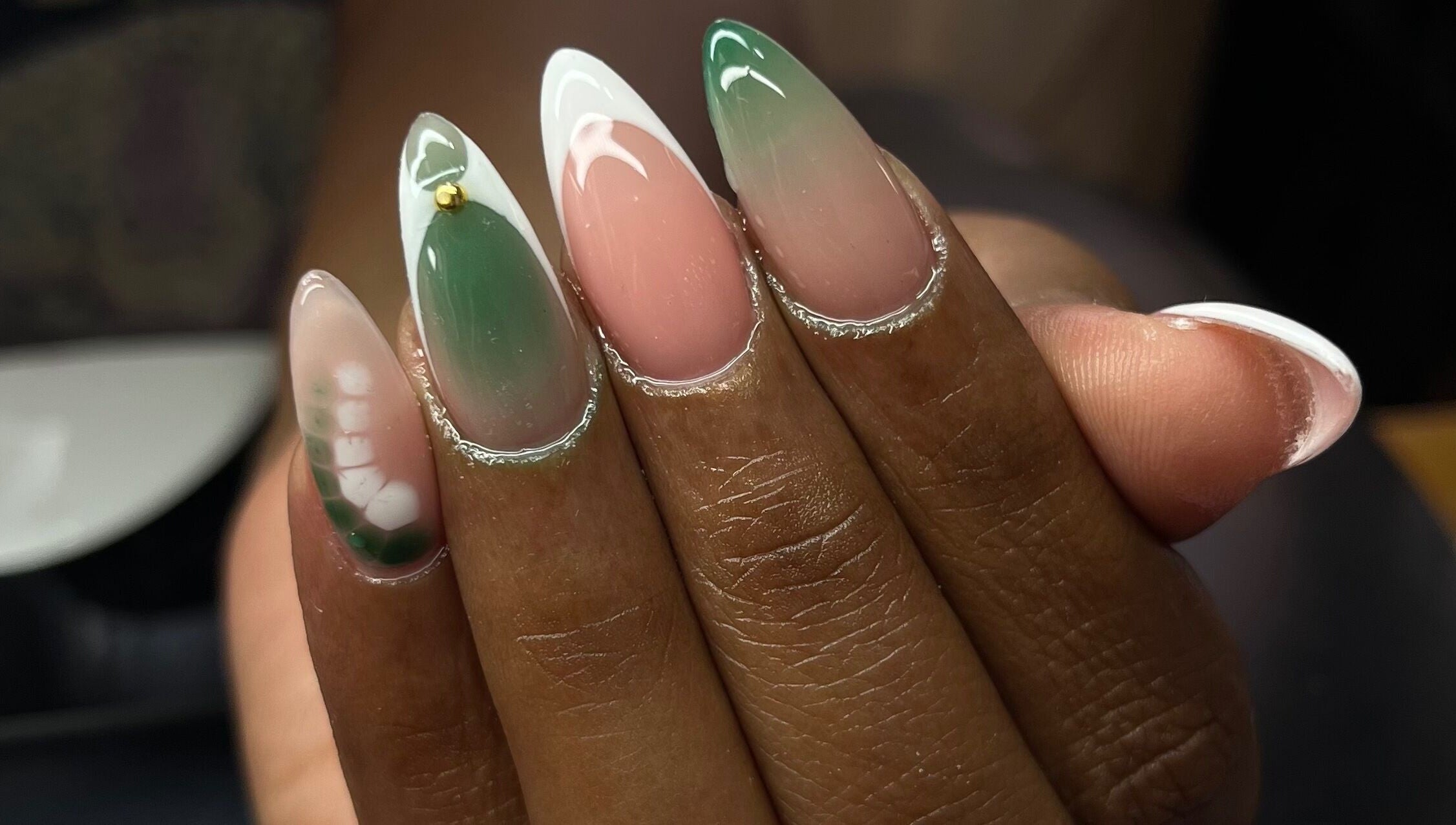 Elegant green and pink gradient nail art at Zimmanails, Portmore, St. Catherine Parish, JM.