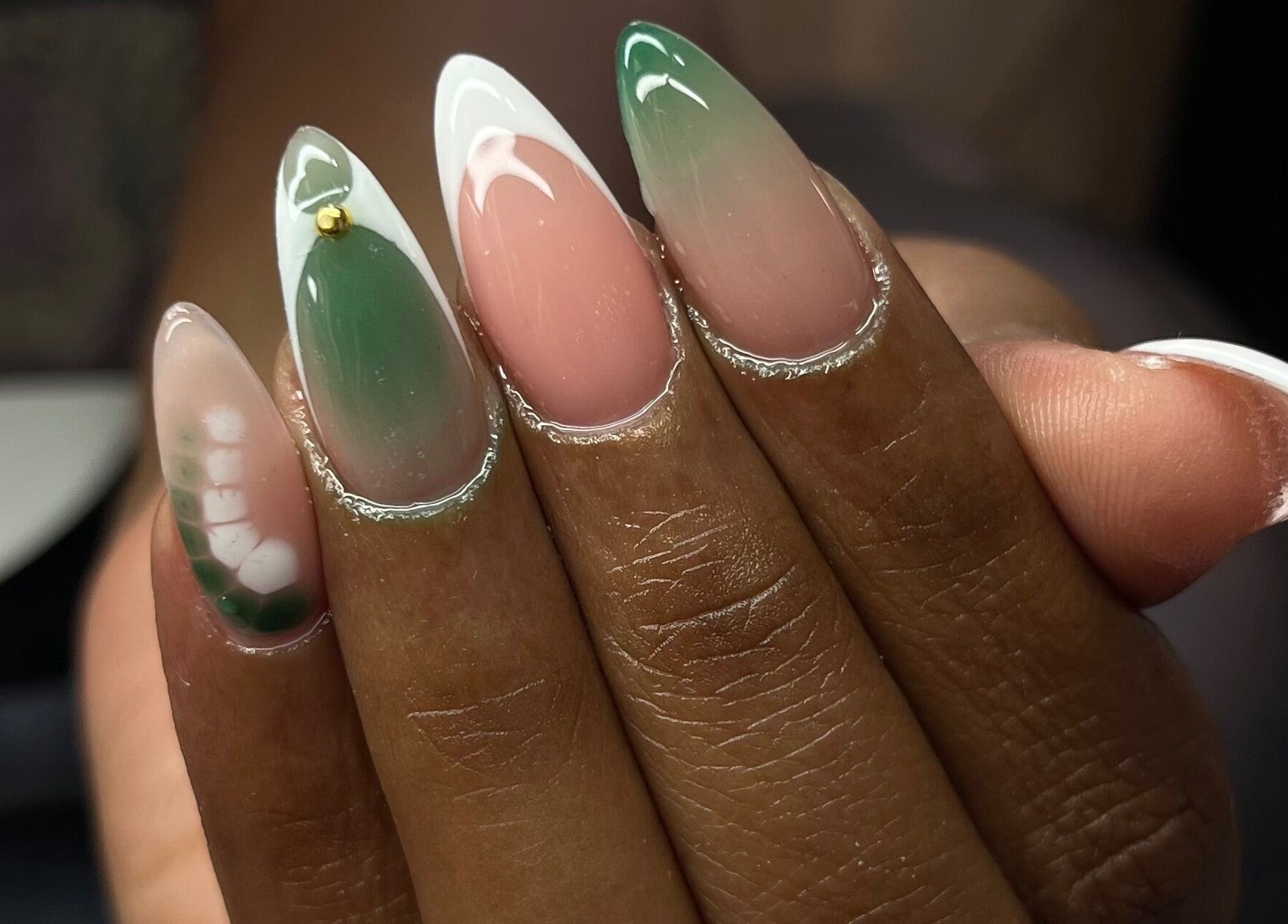 Elegant green and pink gradient nail art at Zimmanails, Portmore, St. Catherine Parish, JM.