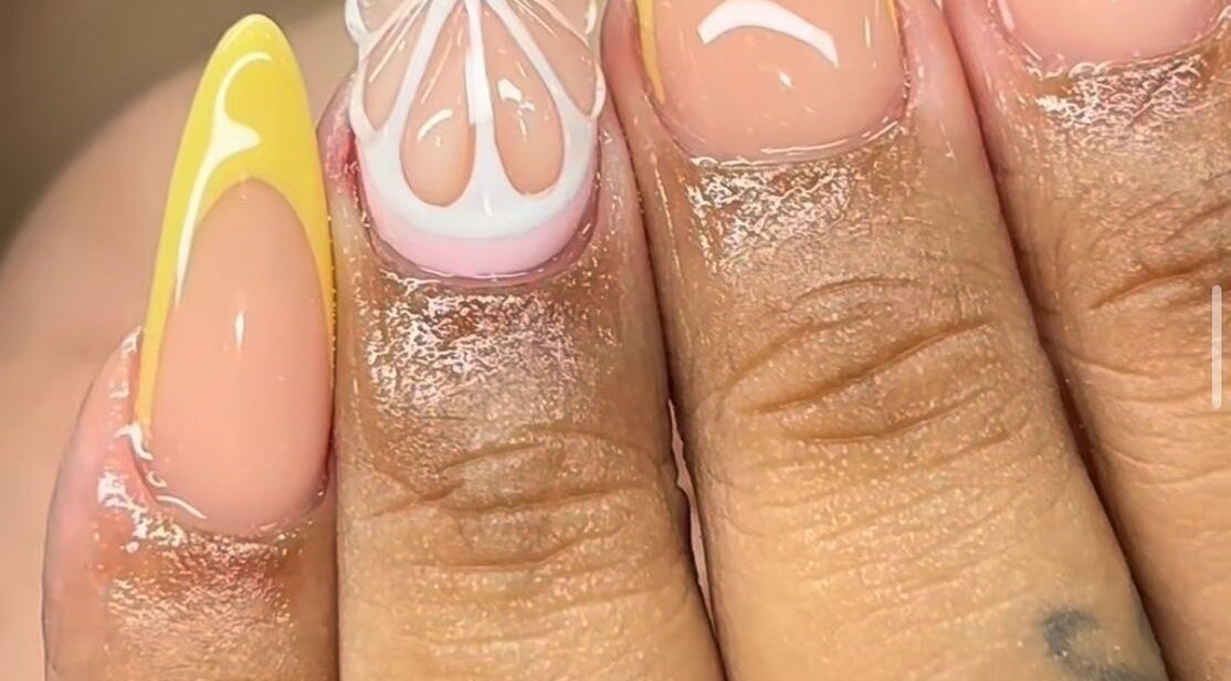 Detailed floral nail design at Zimmanails, Portmore, St. Catherine Parish, JM showcasing intricate artistry.