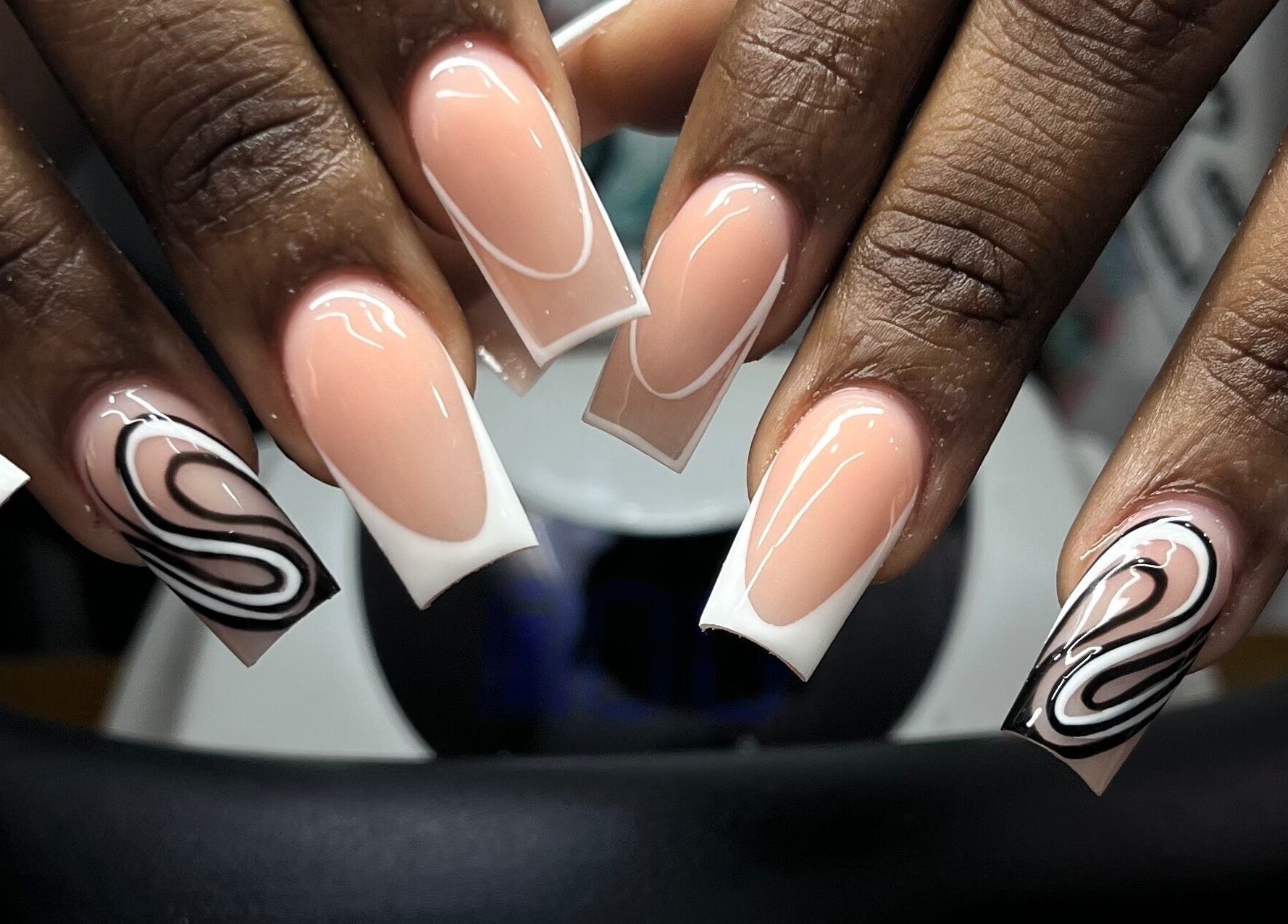 Stylish swirl nail art at Zimmanails, Portmore, St. Catherine Parish, JM. Perfect blend of elegance and modern design.