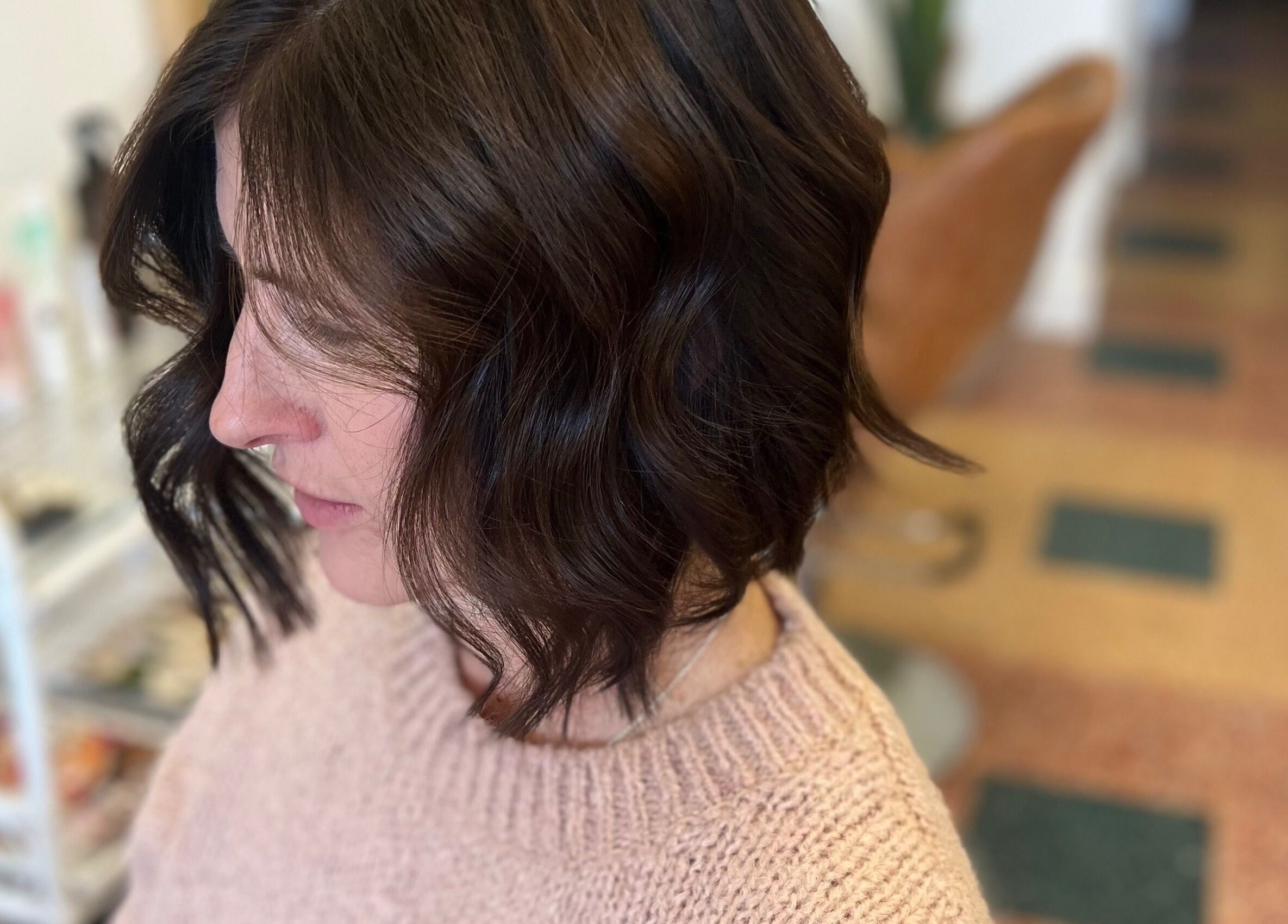 Elegant wavy bob hairstyle at Boho Bombshell, White Gum Valley, Western Australia, AU in cozy salon setting.
