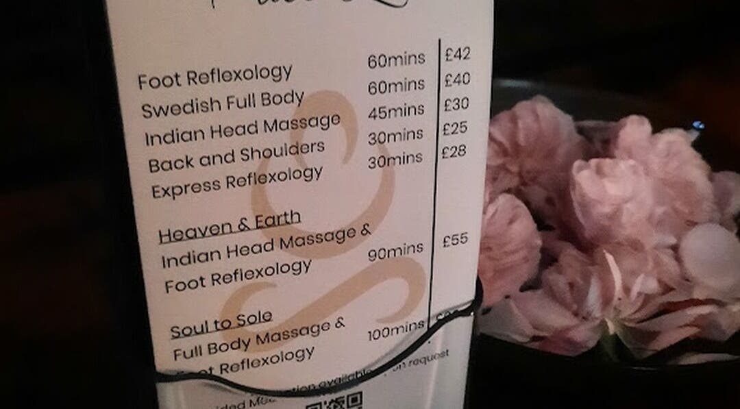 Soul Bliss with Sayyada menu featuring reflexology services and flower decor in Tamworth, England, GB.