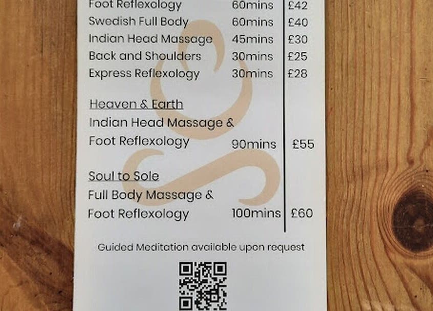Service menu at Soul Bliss with Sayyada, Tamworth, England, GB, detailing massage and reflexology options.