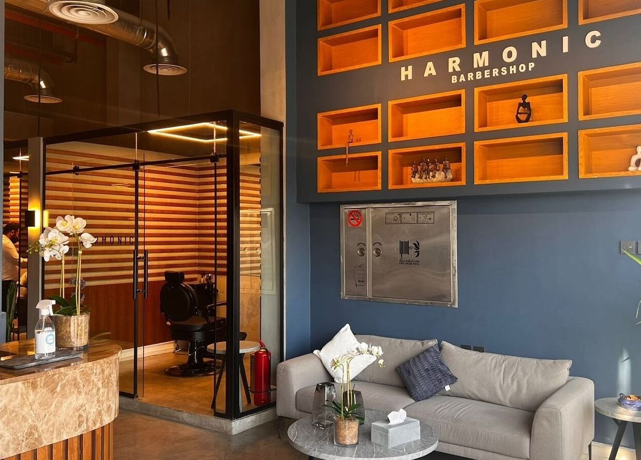 Modern interior of Harmonic Barbershop - Al Malqa, featuring elegant decor in Riyadh, Riyadh Province, SA.