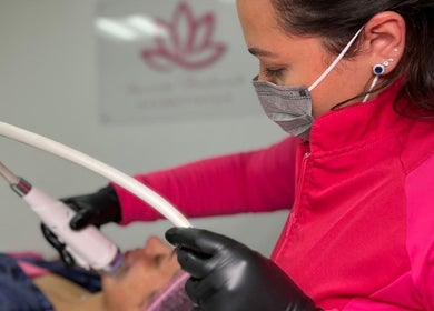 Aesthetician performing a skin treatment at Brazilian Beauty Spa, Peabody, Massachusetts, US.