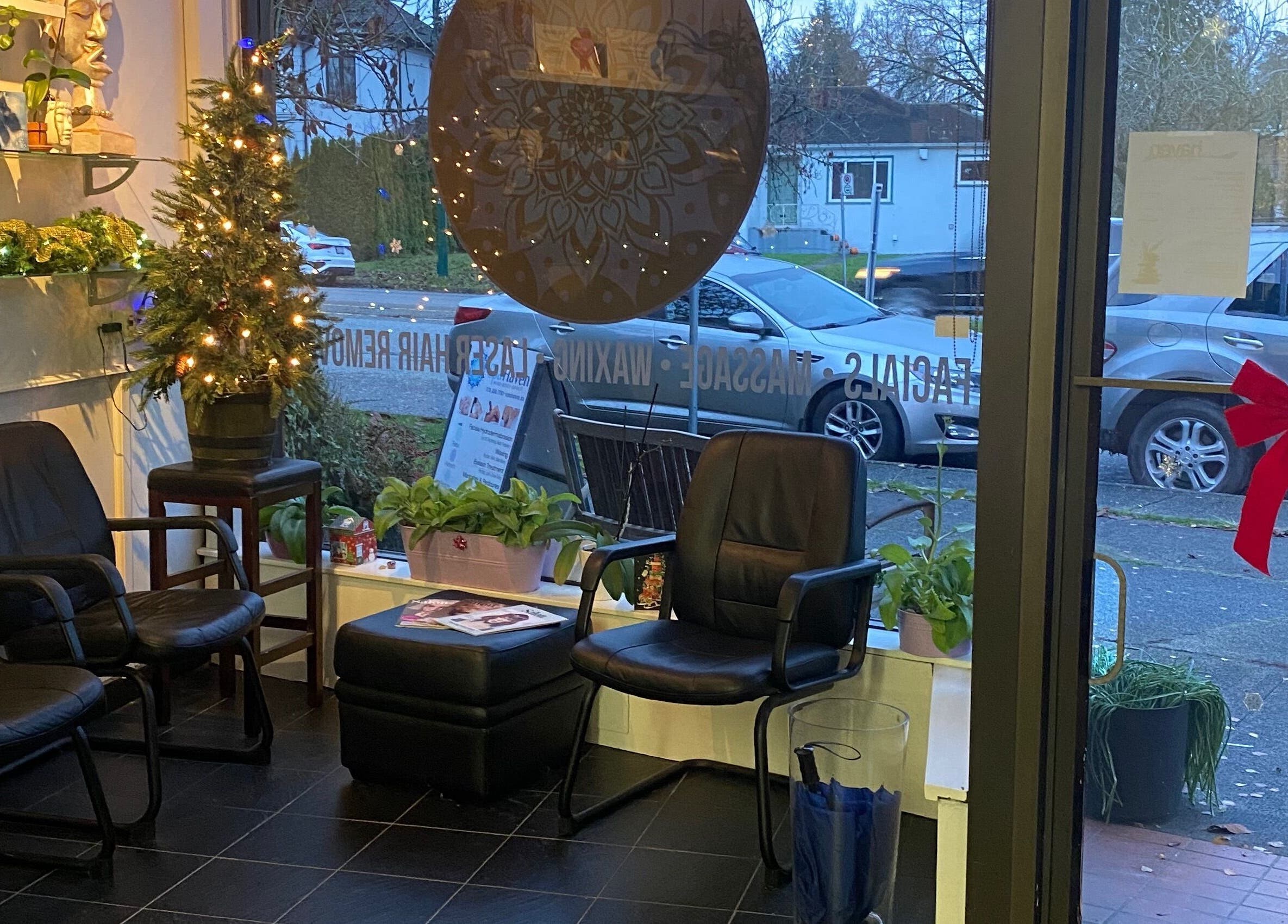 Inviting reception area at Salon and Spa Haven Wellness in Vancouver, British Columbia, CA, with festive decor.