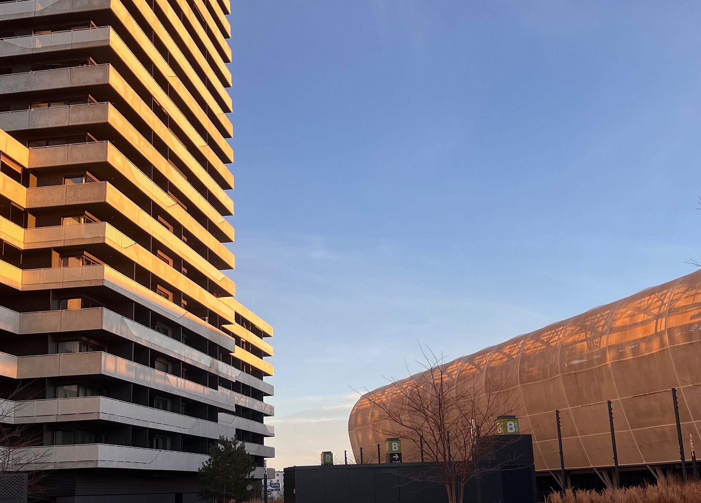 Sunset glow on modern building near Nail Studio By Viktoria Yakovets, Bratislava, Bratislavský kraj, SK.