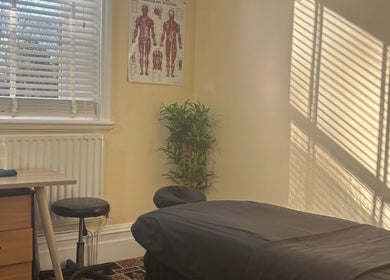 Tranquil massage room at CJ Soft Tissue & Massage Therapy in Wellington, England, GB, featuring a therapy bed and plant.