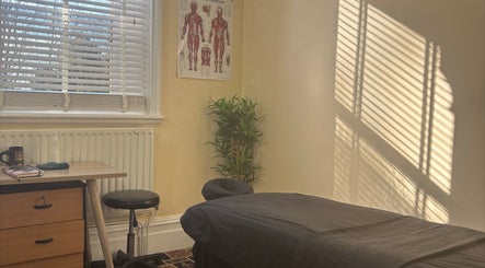 Tranquil massage room at CJ Soft Tissue & Massage Therapy in Wellington, England, GB, featuring a therapy bed and plant.