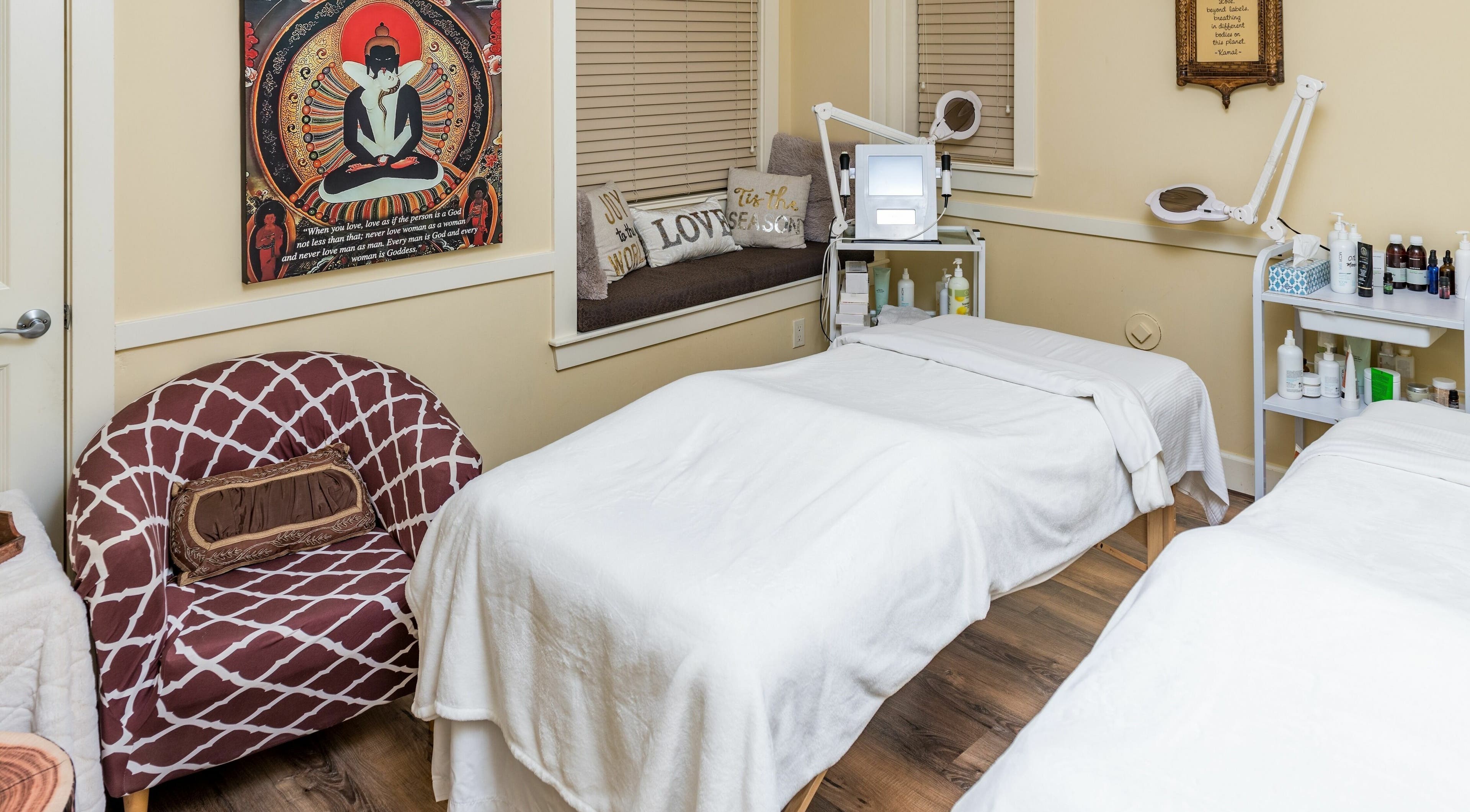 Cozy treatment room at Kamal's Day Spa in Delta, British Columbia, CA with massage tables and calming decor.