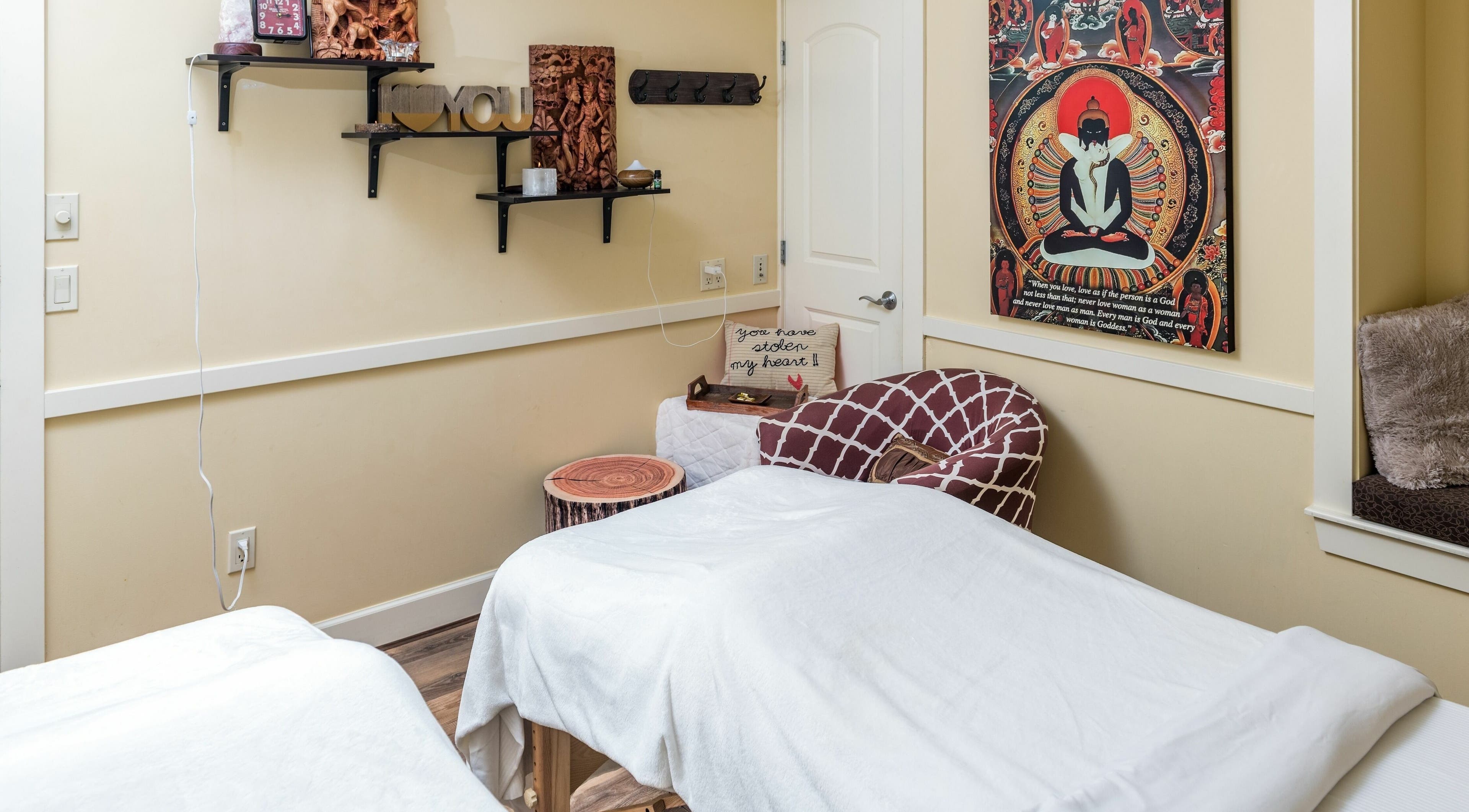 Relaxing treatment room at Kamal's Day Spa in Delta, British Columbia, CA with zen decor and cozy ambiance.