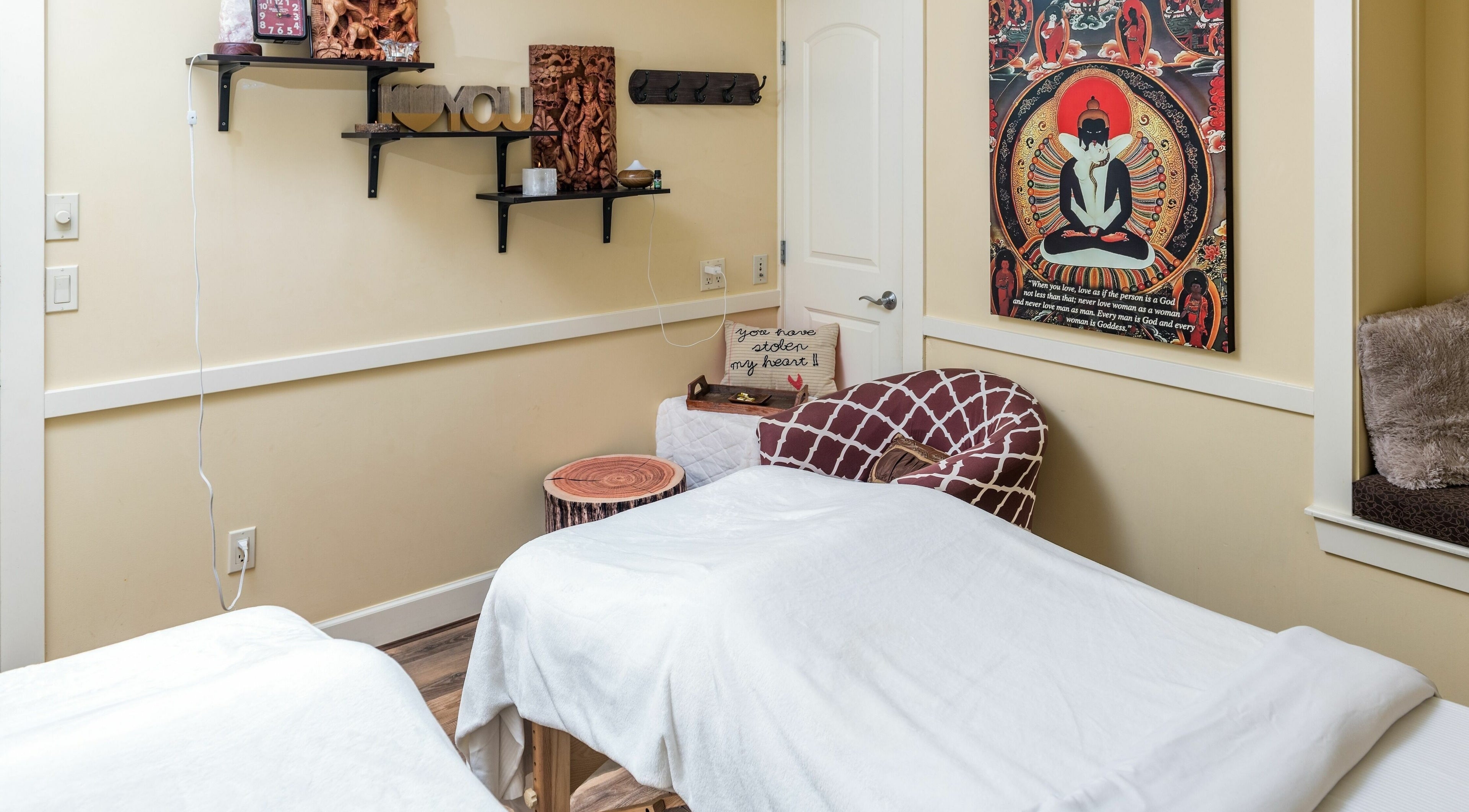 Relaxing treatment room at Kamal's Day Spa in Delta, British Columbia, CA with zen decor and cozy ambiance.