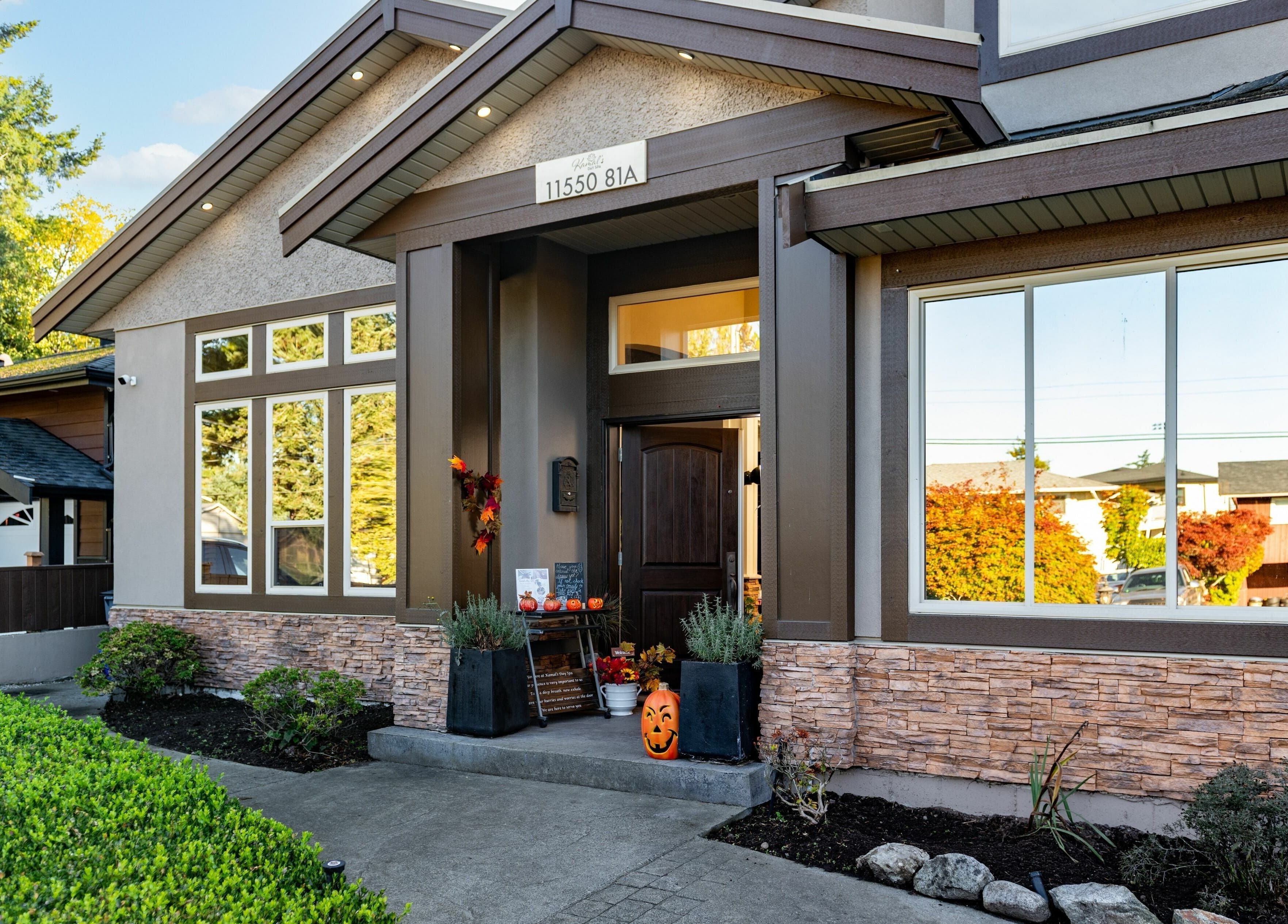 Charming entrance of Kamal's Day Spa in warm autumn decor, Delta, British Columbia, CA.