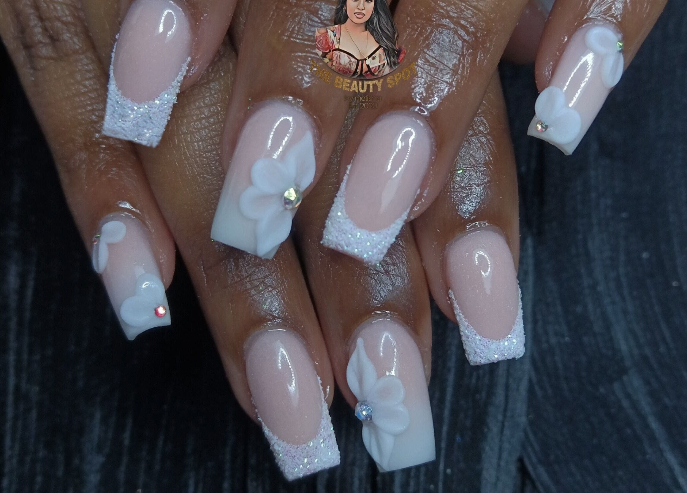 Detailed nail art with floral design at The Beauty Spot at nailsby.metisha, Queensburgh, Kwazulu-natal, ZA.