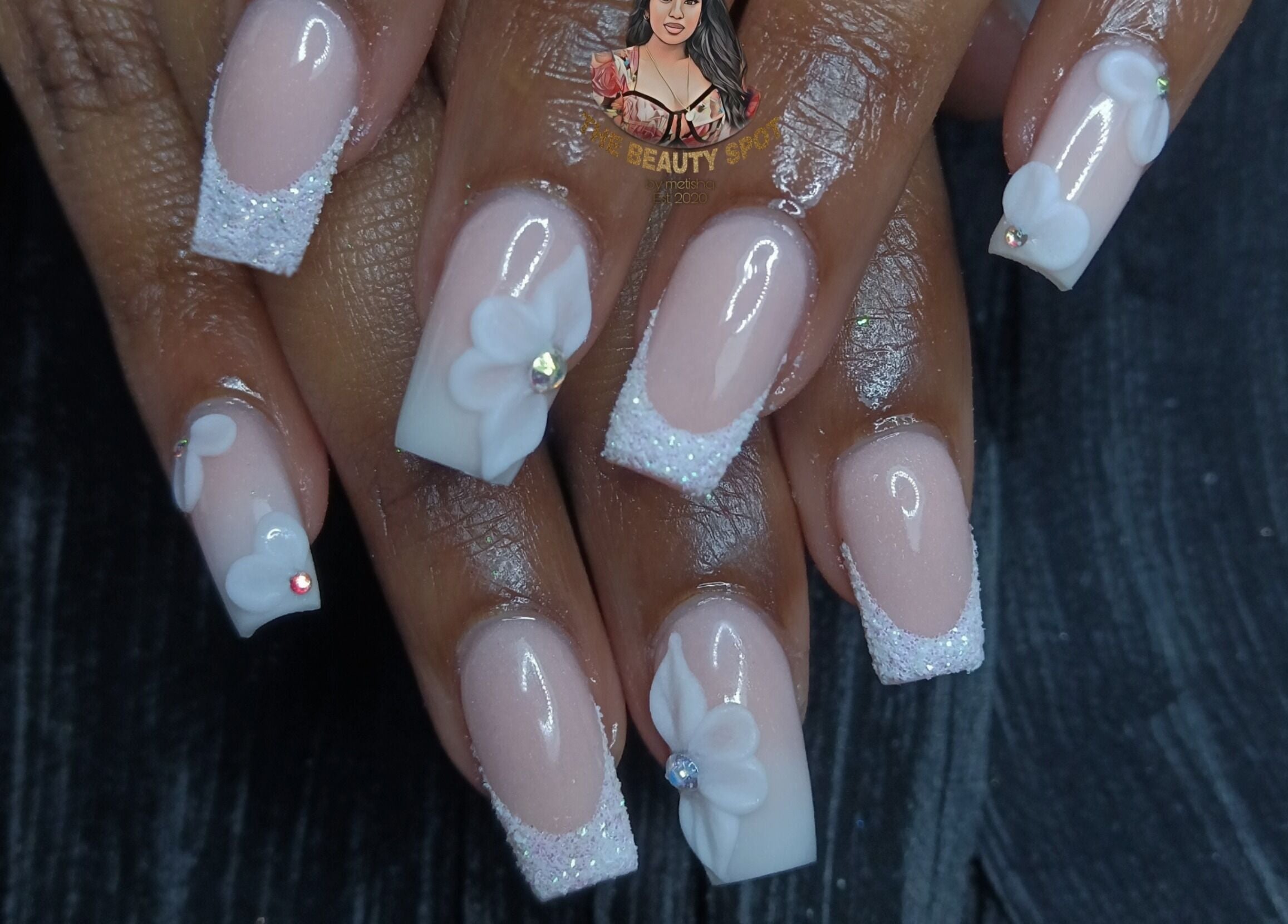 Detailed nail art with floral design at The Beauty Spot at nailsby.metisha, Queensburgh, Kwazulu-natal, ZA.