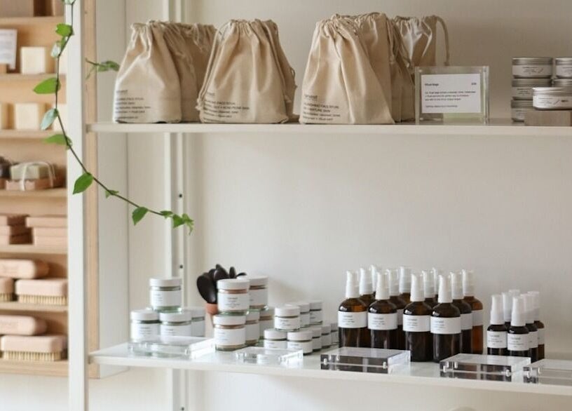 Natural skincare products displayed at Harvest Skincare, Birmingham, England, GB. Eco-friendly beauty essentials.