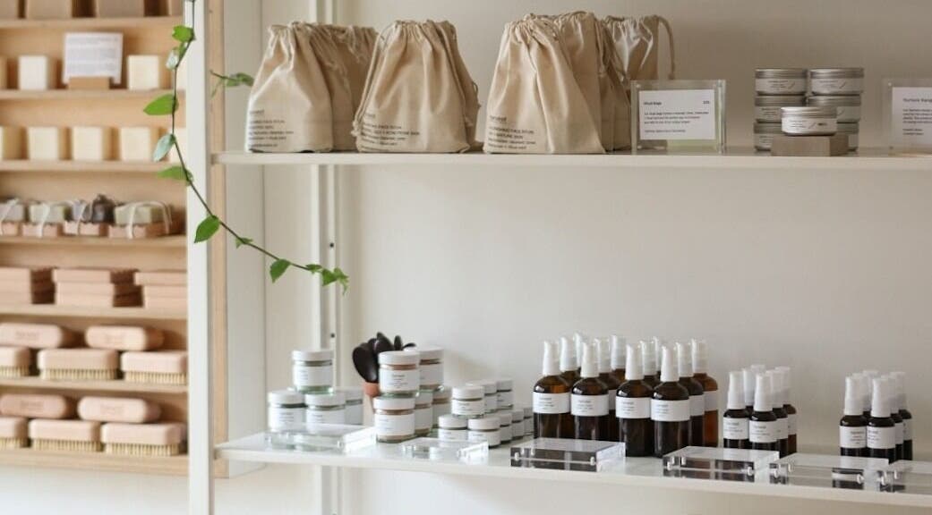 Natural skincare products displayed at Harvest Skincare, Birmingham, England, GB. Eco-friendly beauty essentials.