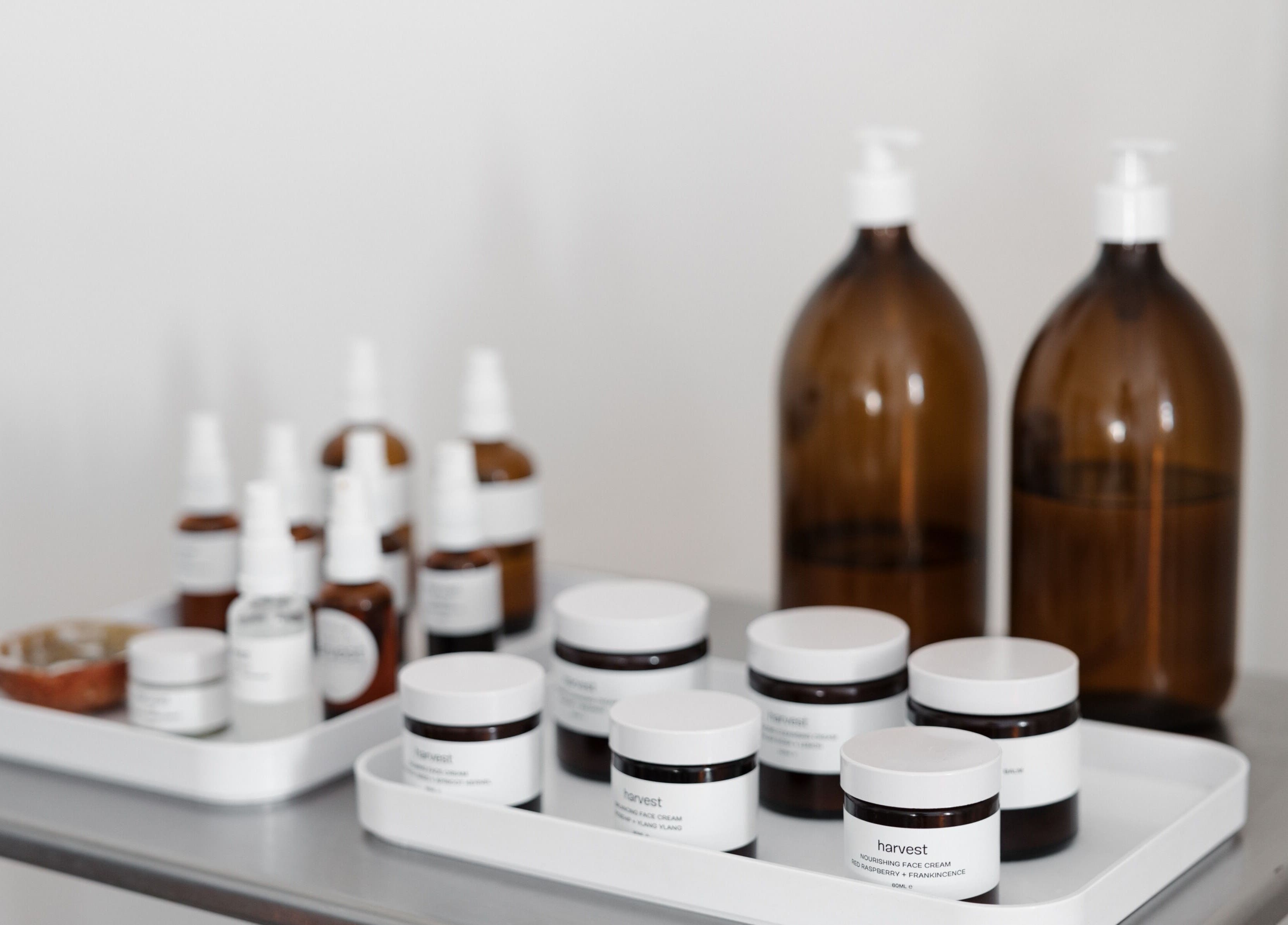 Skincare products displayed at Harvest Skincare in Birmingham, England, GB, highlighting wellness offerings.