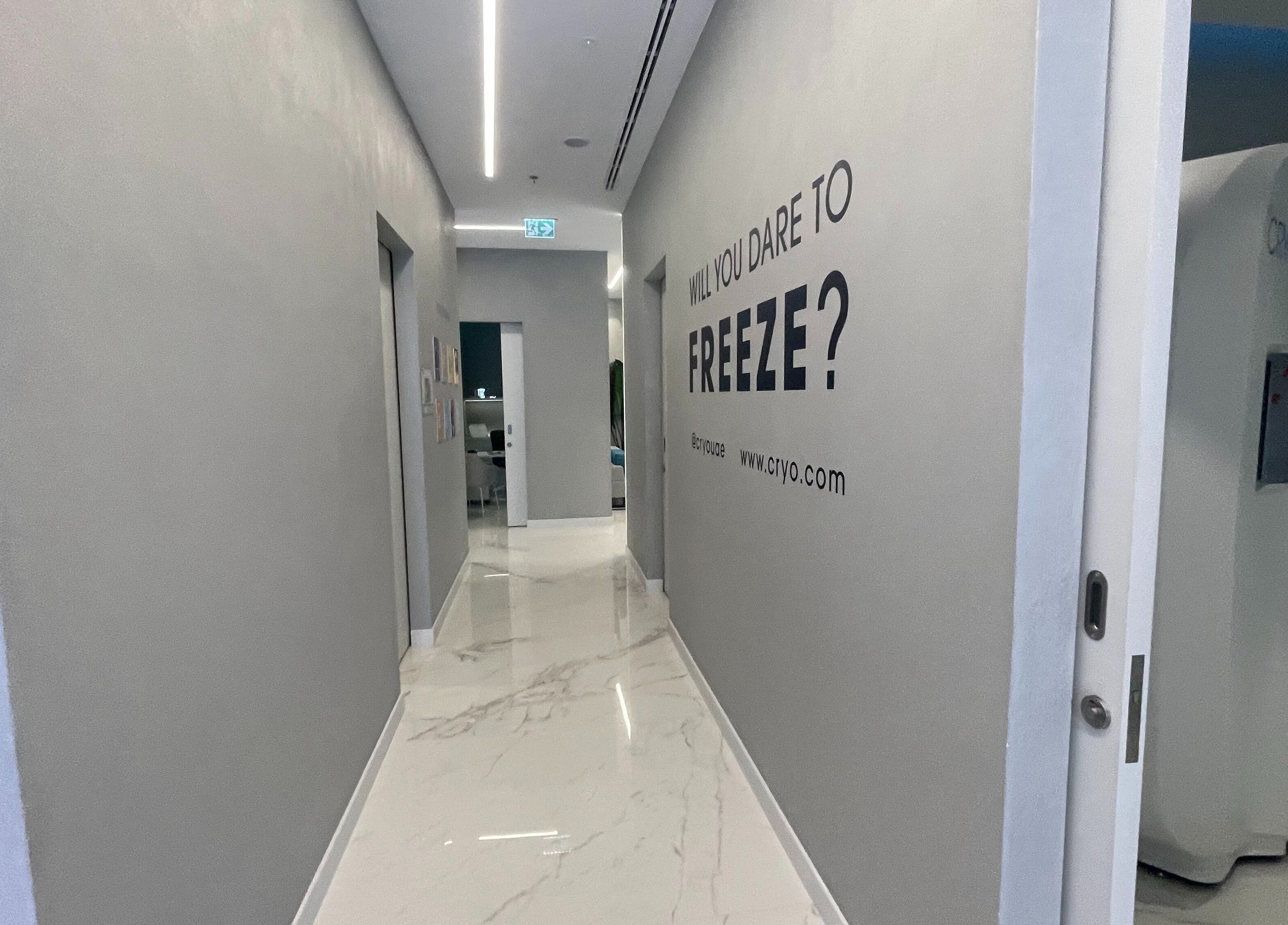 Sleek corridor at °CRYO Abu Dhabi Reem Mall offering wellness services in Abu Dhabi, Abu Dhabi, AE.