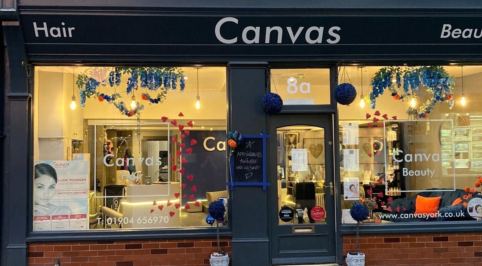 Front view of Canvas salon in York, England, GB, showcasing inviting beauty and wellness atmosphere.