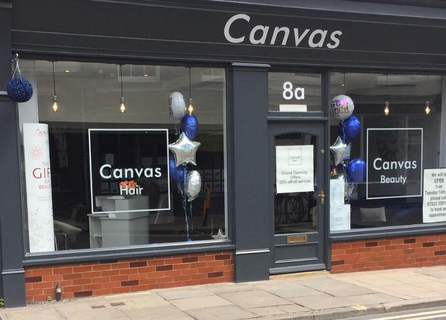 Front view of Canvas beauty salon on a charming street in York, England, GB, featuring welcoming decor.