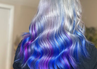 Gorgeous silver to blue ombre hair styled in waves at Hair by LAW, Worcester, England, GB.